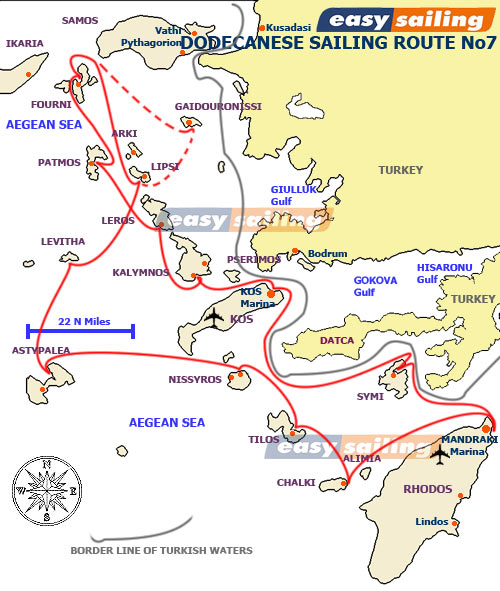 Sailing Yacht Charter route/itinerary Dodecanese departure Kos 2 weeks 