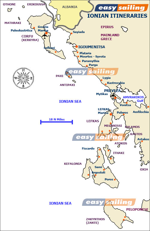 Draft map for Itineraries and sailing routes in the Ionian sea Greece, Corfu, Lefkas, Ithaki, Kefalonia, Zante, Zakynthos, Paxoi, Antipaxi 