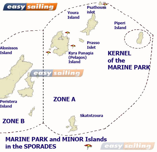 Draft map of the marine park sailing in the Northern Sporades Greek islands 